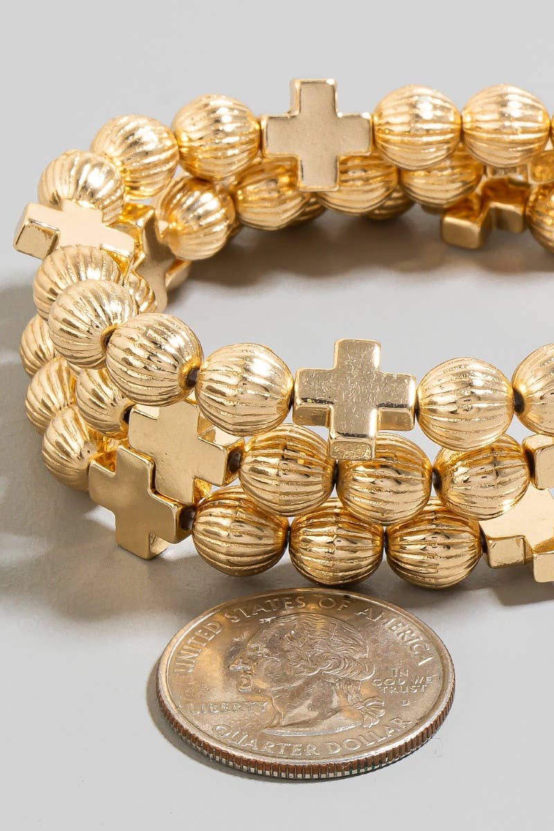 The Looks by Fame Accessories - Textured Beads And Cross Charms Bracelet Set