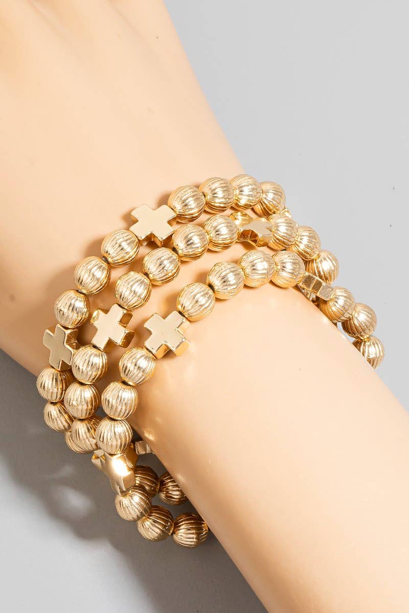 The Looks by Fame Accessories - Textured Beads And Cross Charms Bracelet Set
