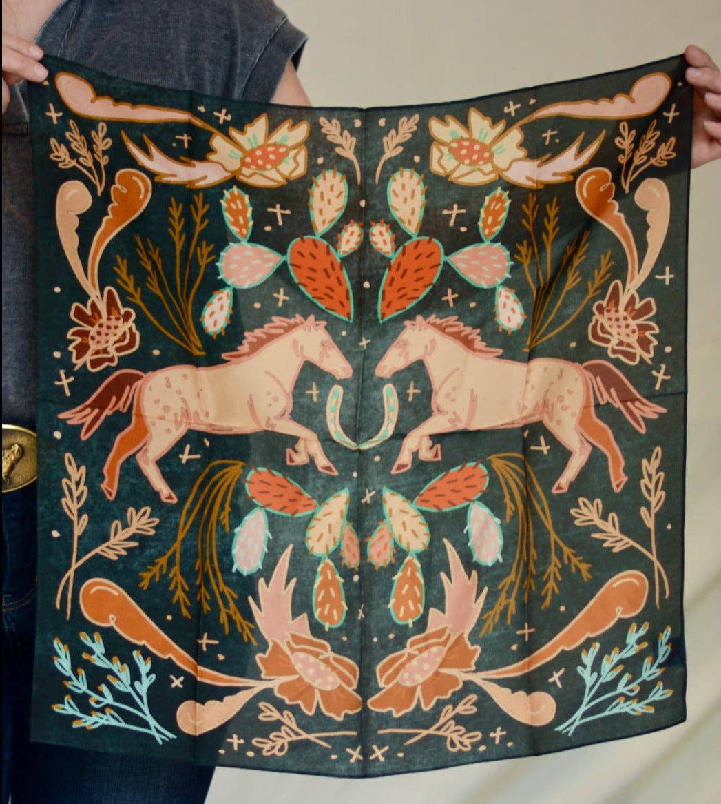 Tirzah Lane Art - Wild Horse Prairies in Denim Cowgirl Wild Rag: Western Scarf Bandana Silk Tencel Wildrag