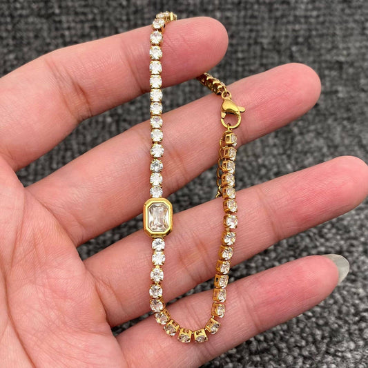 Mio Queena - Full Zircon 3mm 18K Gold Plated Stainless Steel Bracelet-FGS