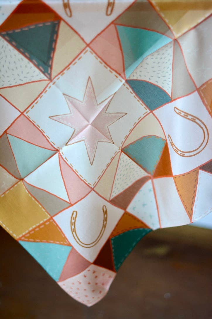 Tirzah Lane Art - Western Horseshoe Vintage Ranching Patchwork Quilt Silk Wild