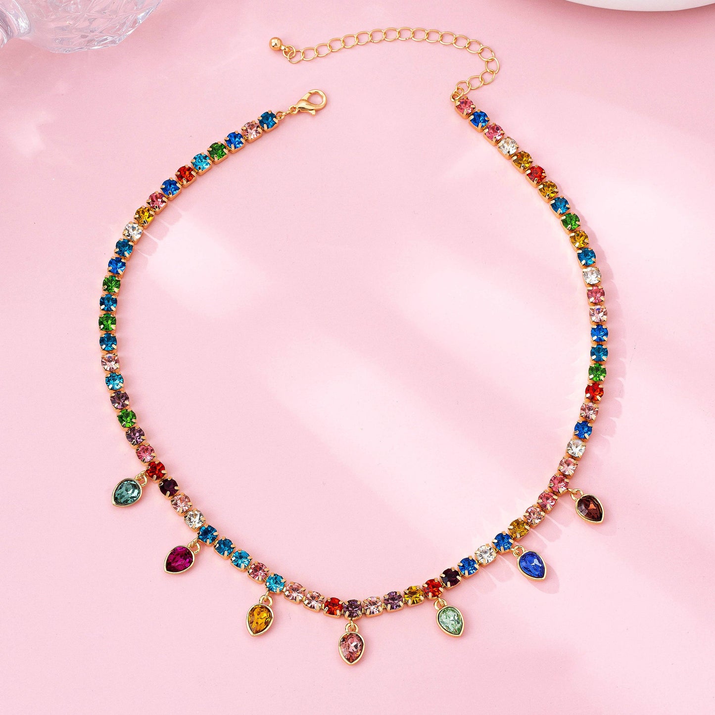 Glass Crystal Drop Tennis Necklace