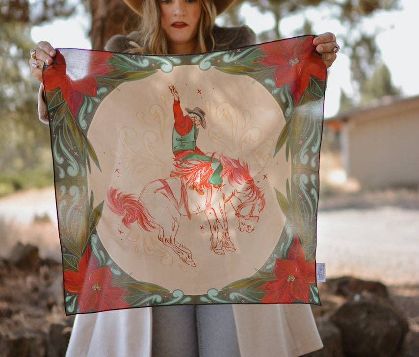 Tirzah Lane Art - Cowboy Christmas Bronc Holiday Silk Scarf Wild Rag