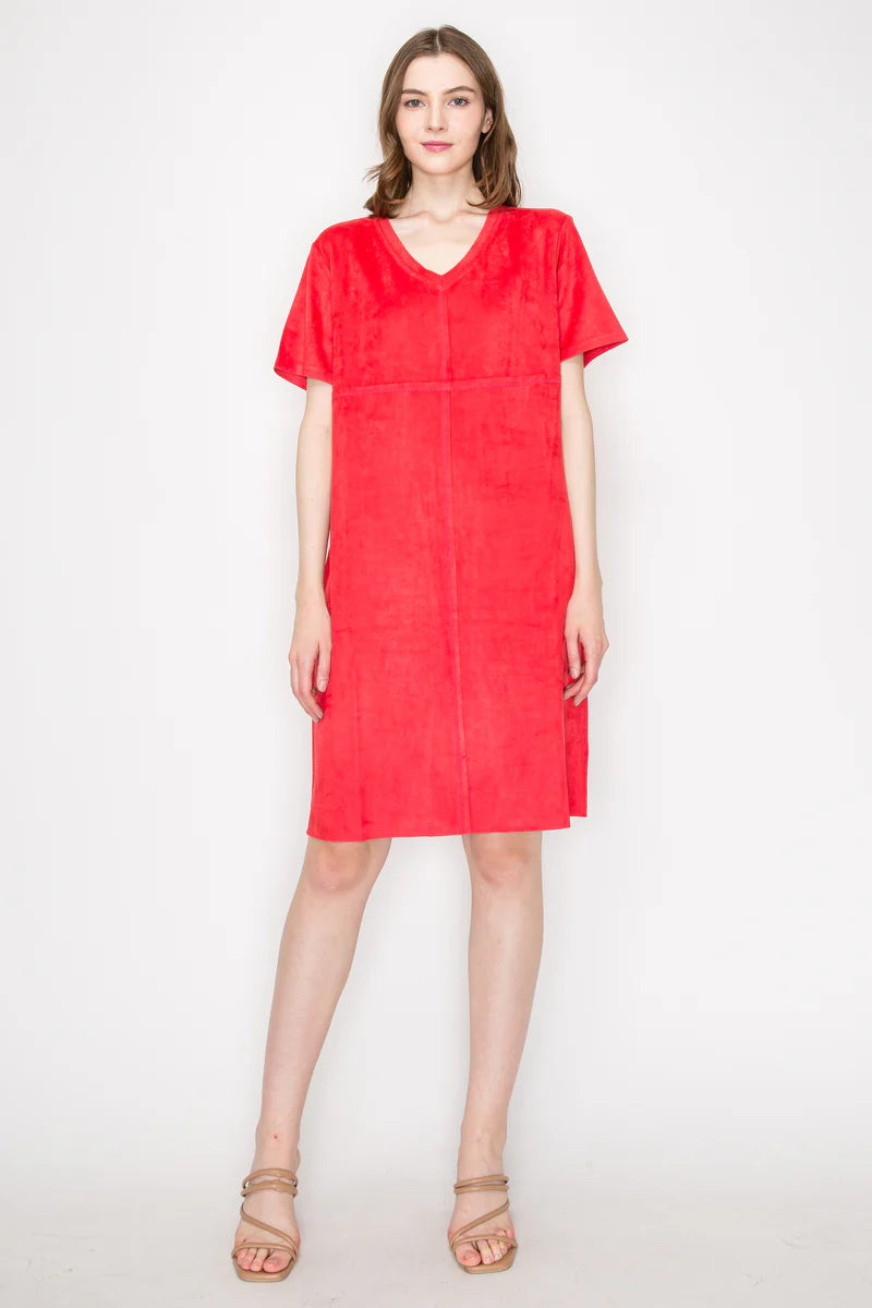 Audrey Suede V-Neck Dress Red