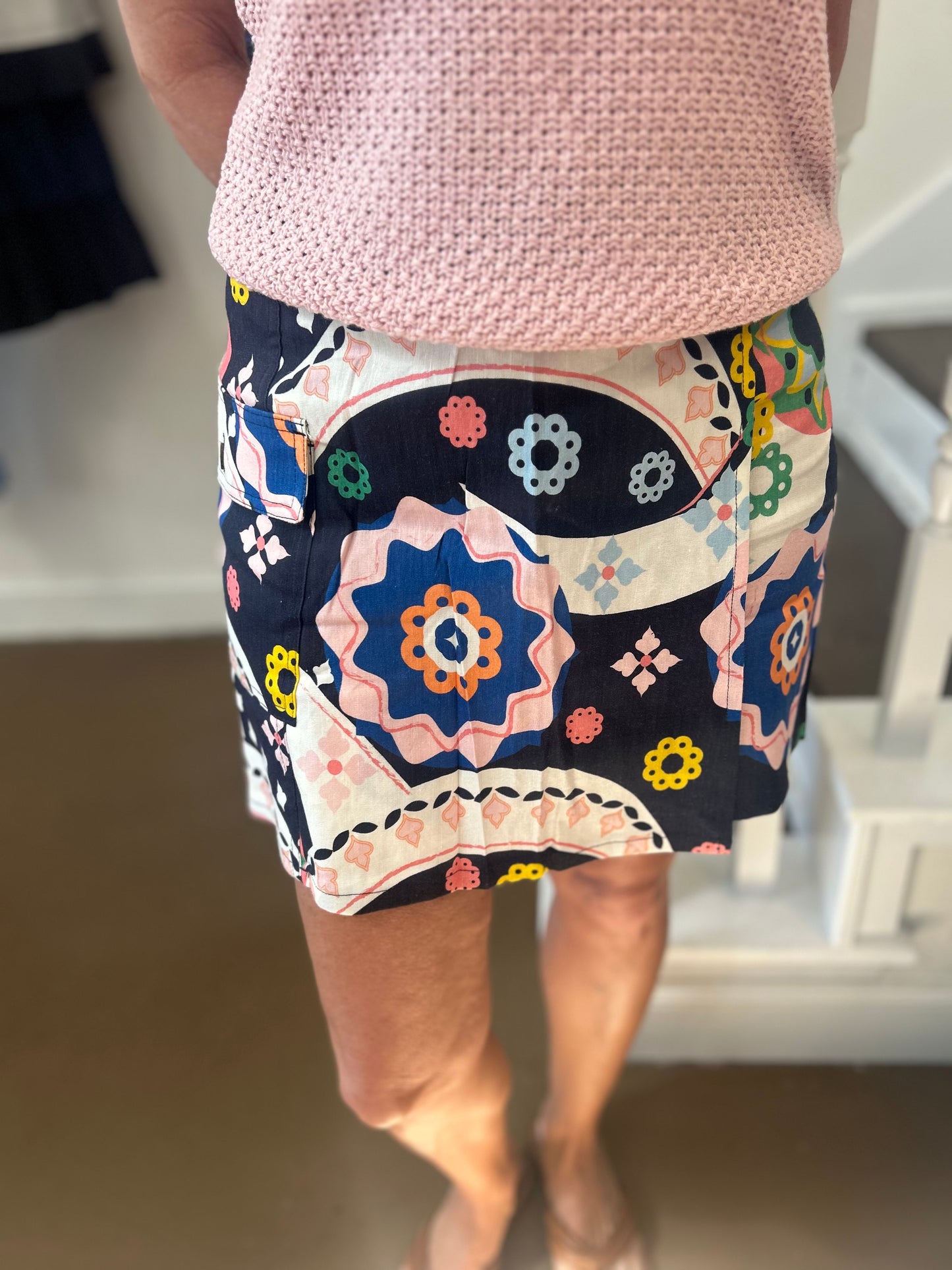 Tiles Printed Linen Blend Wrap Skort