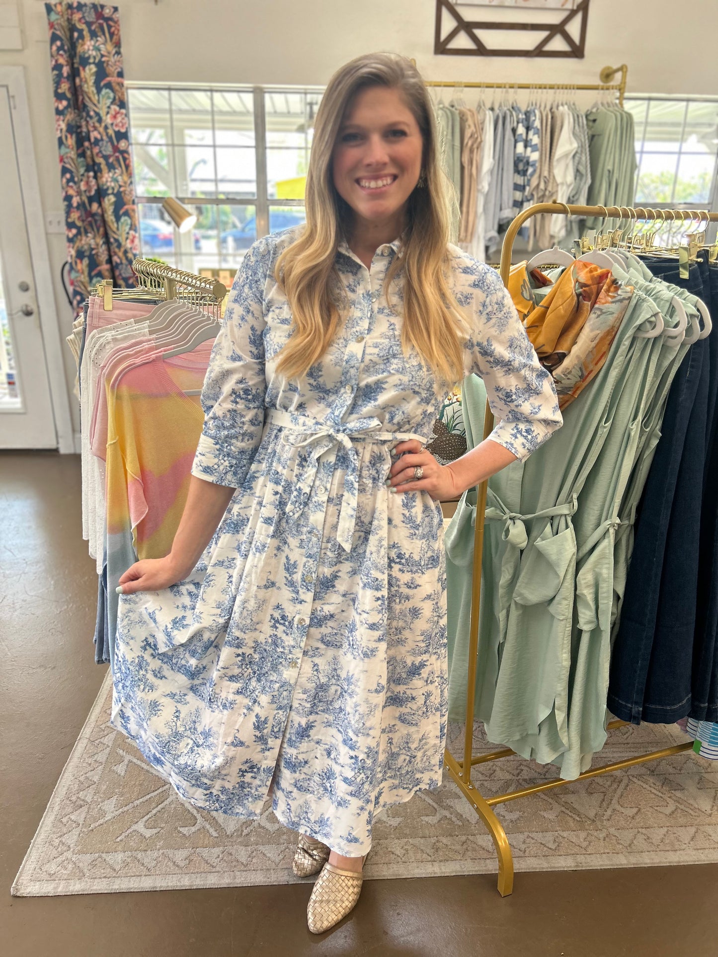 White & Blue Printed Midi Dress