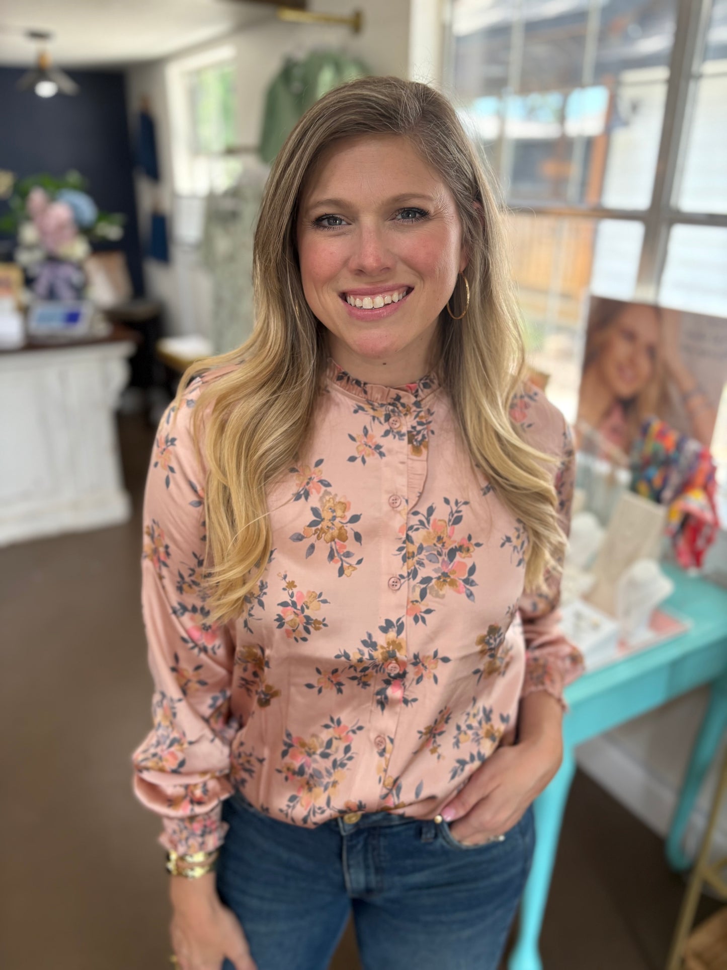 Bethany Powder Pink Button Down Floral Blouse