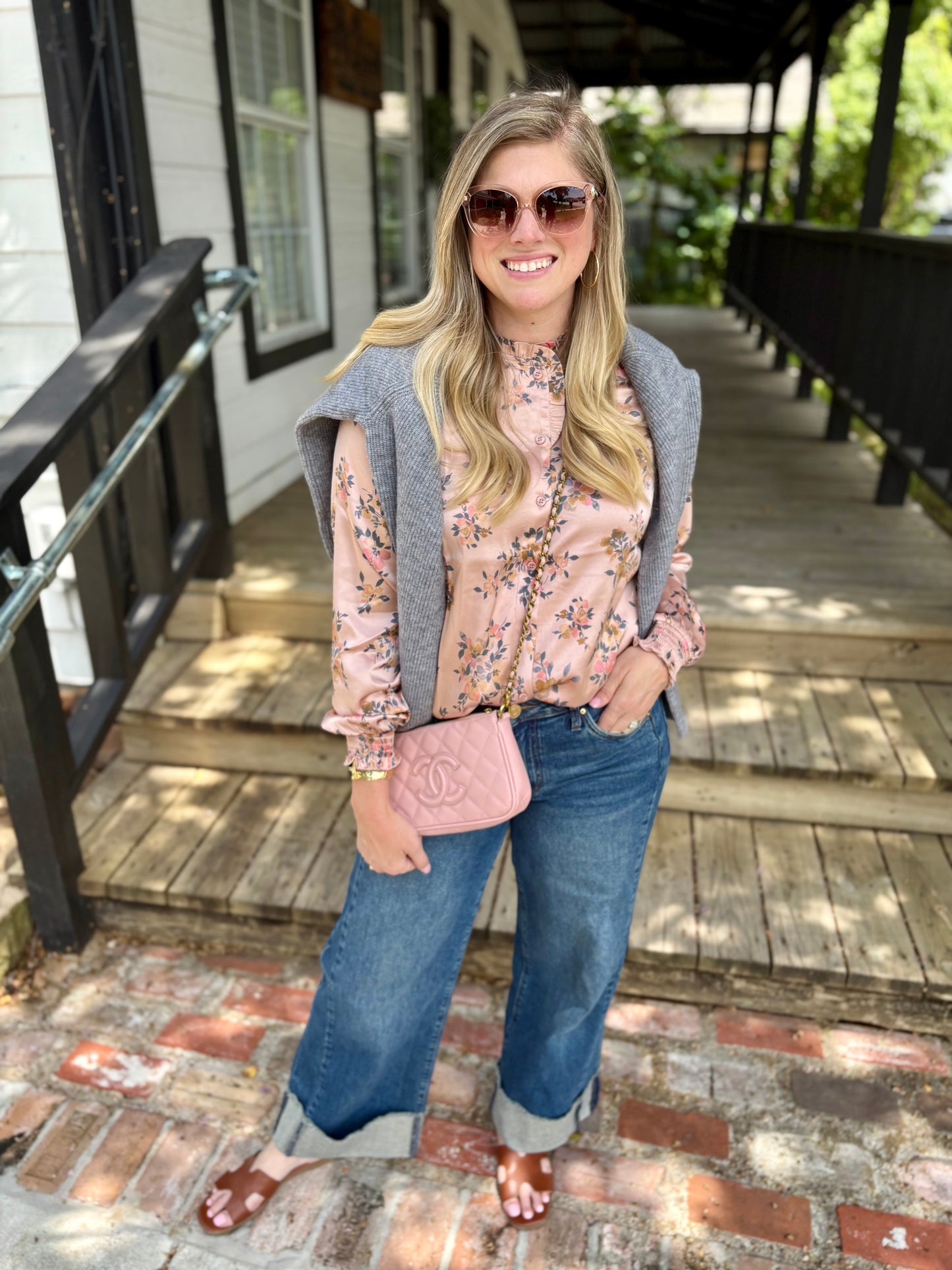 Bethany Powder Pink Button Down Floral Blouse