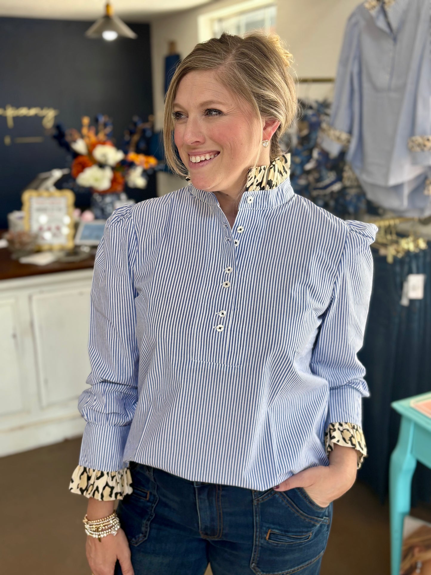 Dizzy Lizzy Blue Striped/Cheetah Top