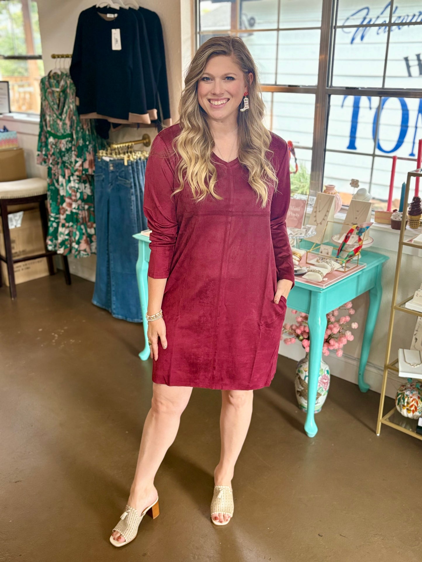 Aurora Stretch V-Neck Suede Dress with Pockets