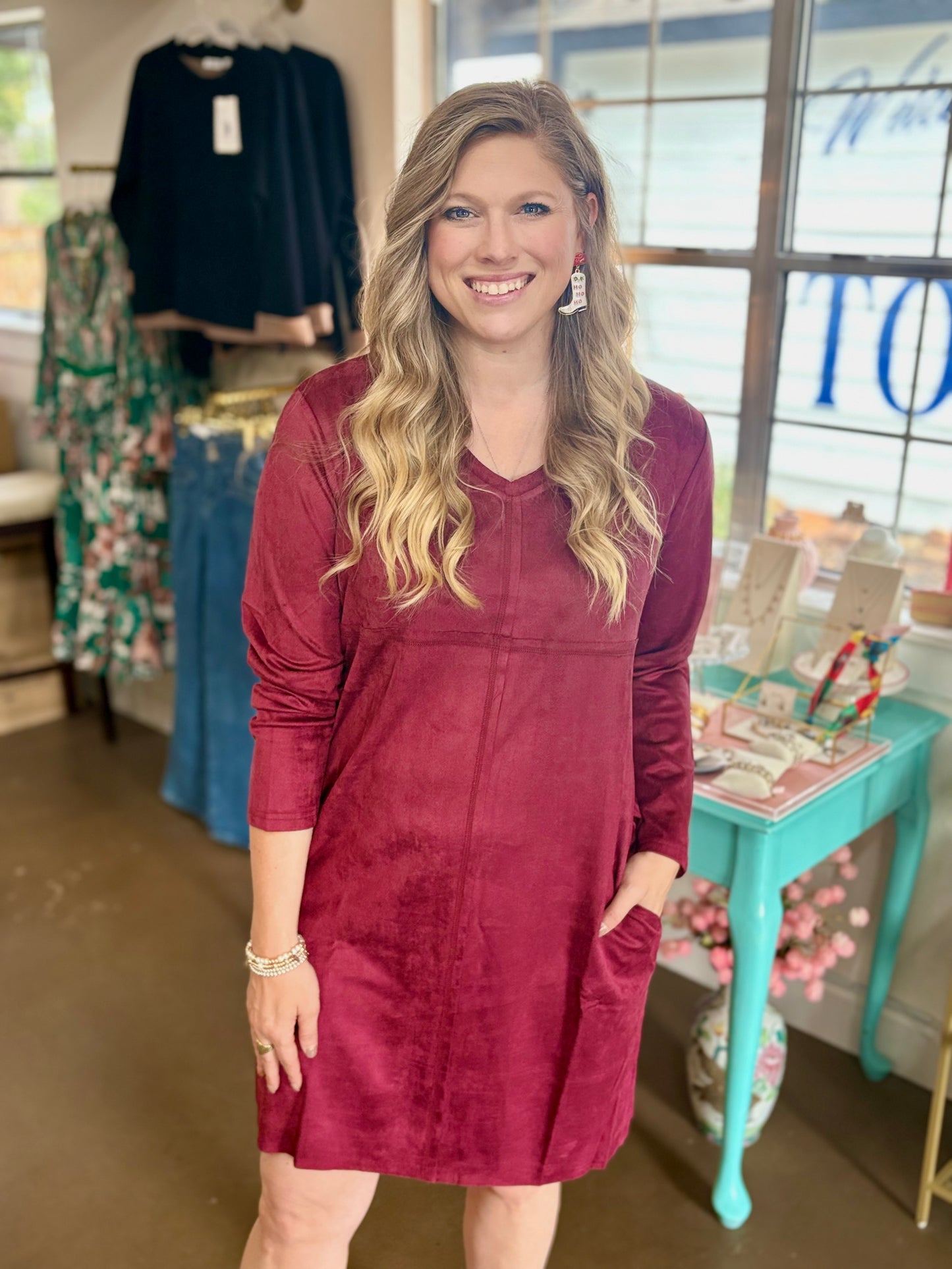 Aurora Stretch V-Neck Suede Dress with Pockets