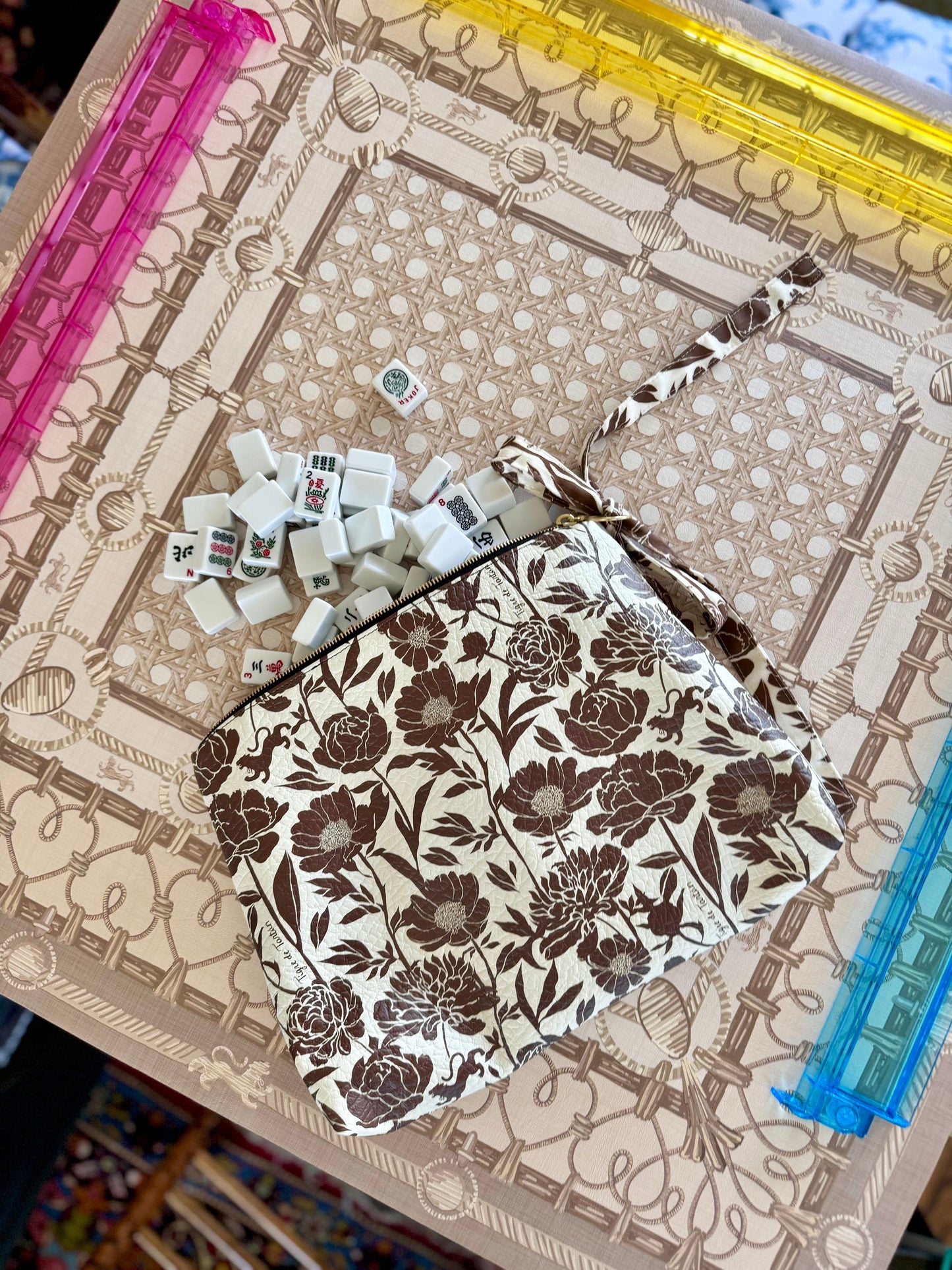 Roomy Leather Mahjong Tile Bag, CHINOISERIE BLEU