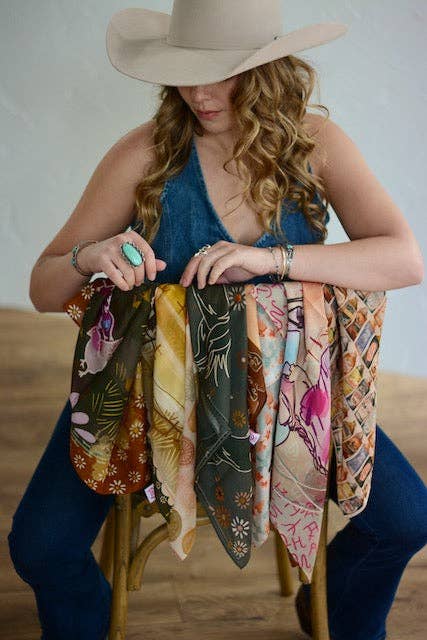 Tirzah Lane Art - Feeding The Hens Silk Western Cowgirl Wild Rag Scarf