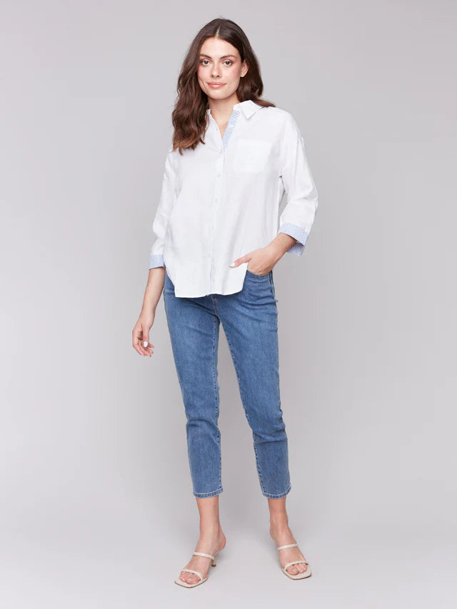 Linen Blend Drop Shoulder Blouse w/Striped Cuffs