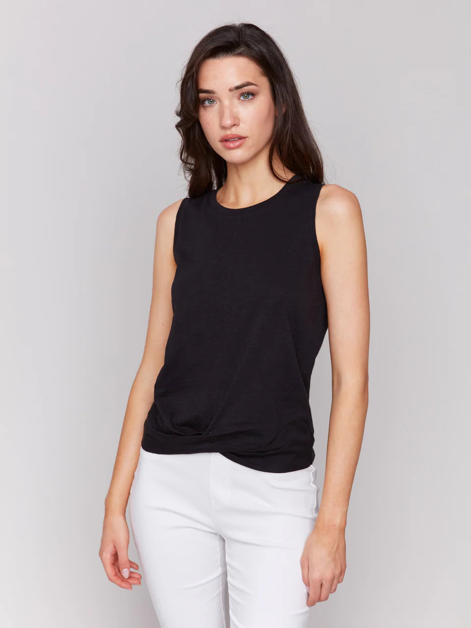 Black Cotton Tank Top with Knot