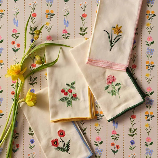 Garden Study Embroidered Cotton Napkins, Assorted Set of 4