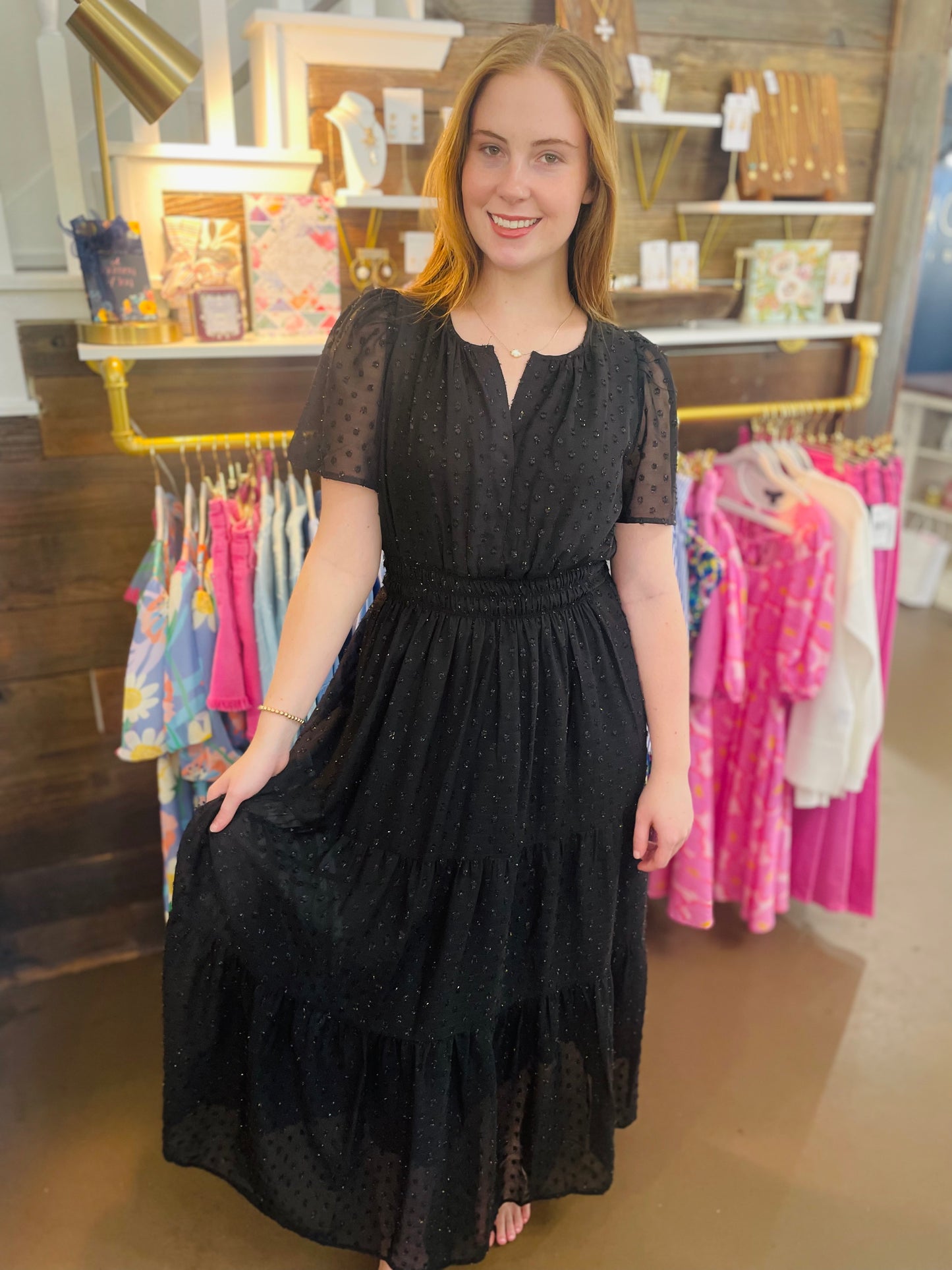 Metallic Dot Tiered Midi Dress