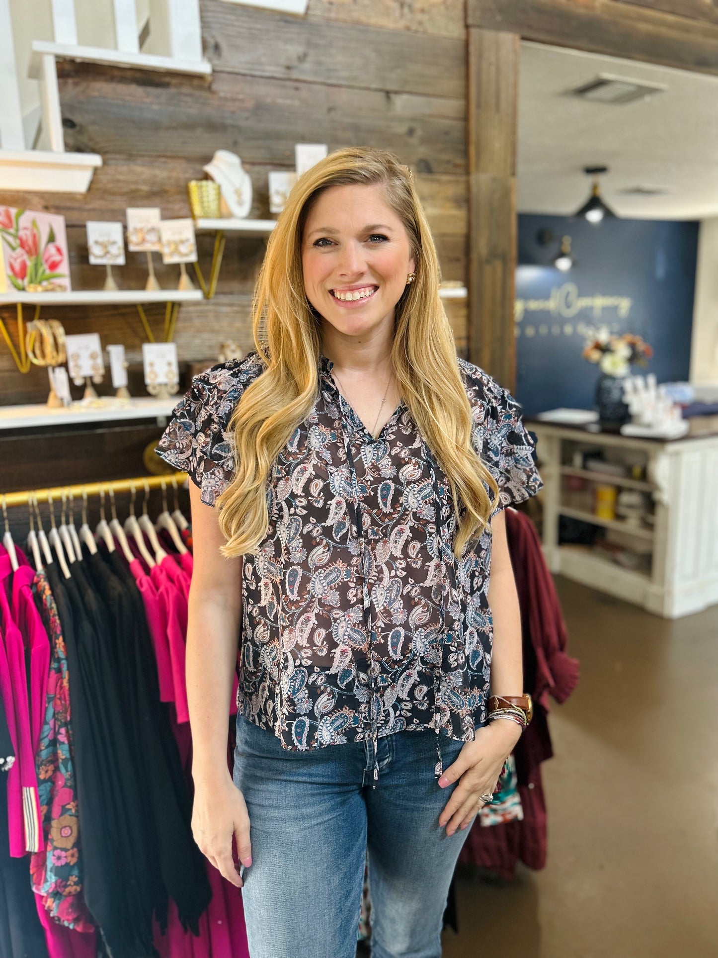 Navy Paisley Flutter Blouse
