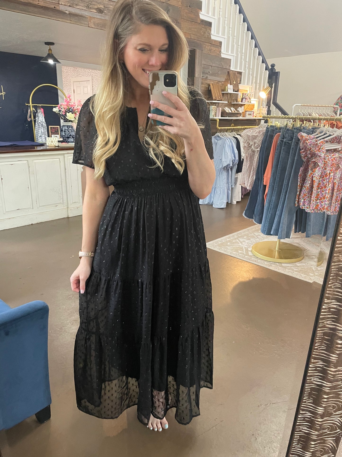 Metallic Dot Tiered Midi Dress
