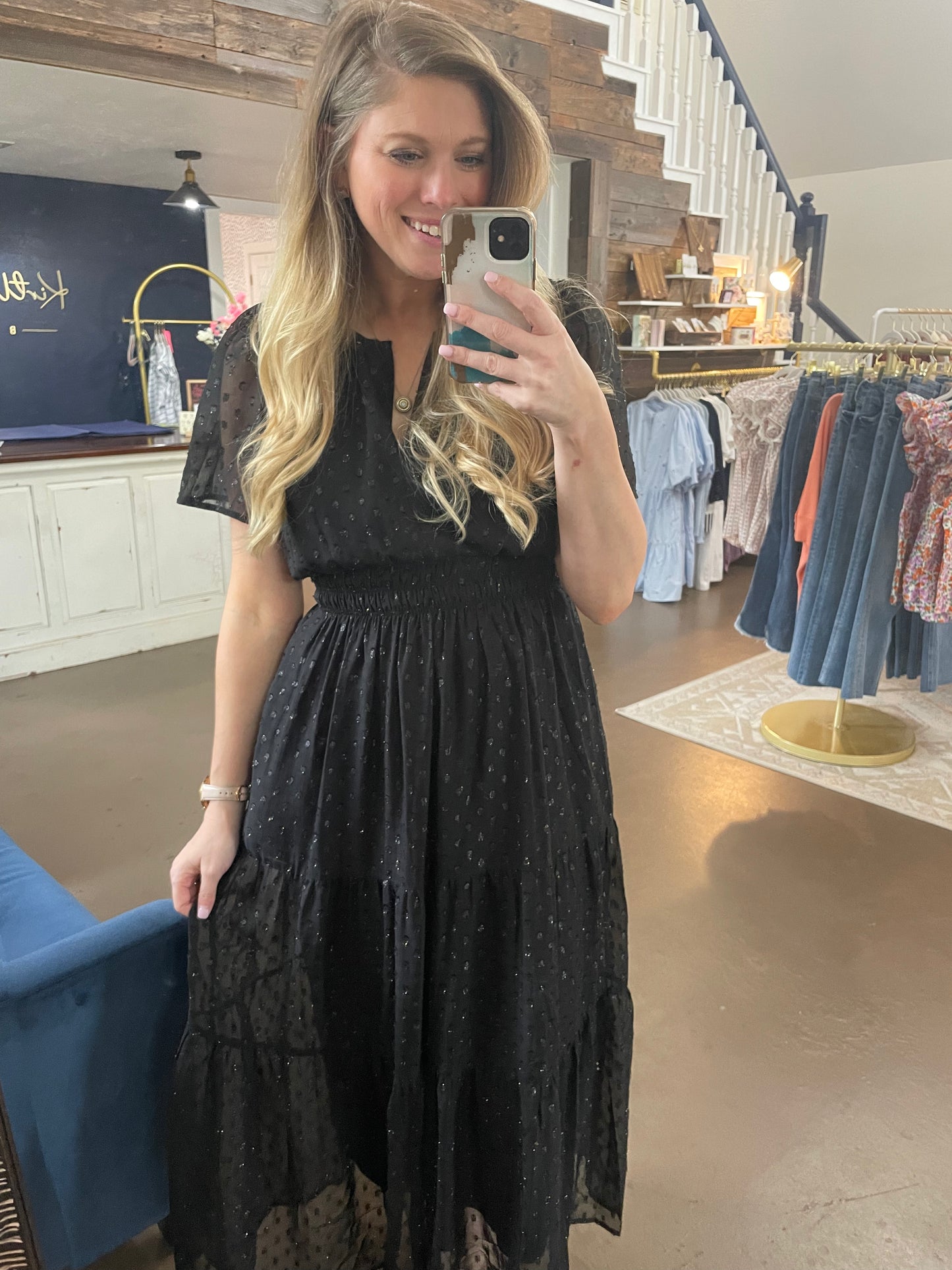 Metallic Dot Tiered Midi Dress