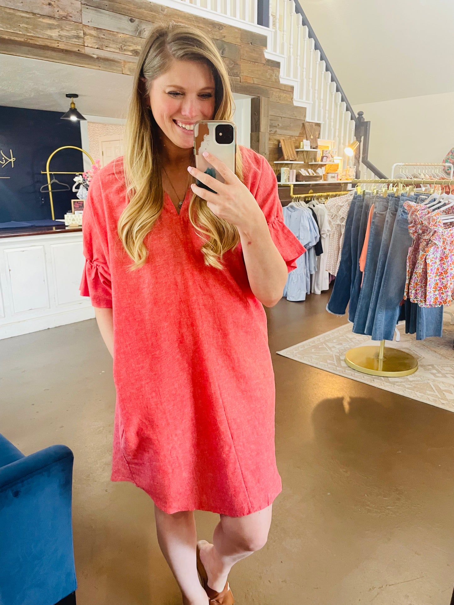Coral Linen Dress- Boho Chic