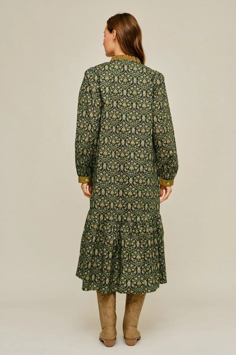 Baroque Floral Print Midi Dress -Hunter Green