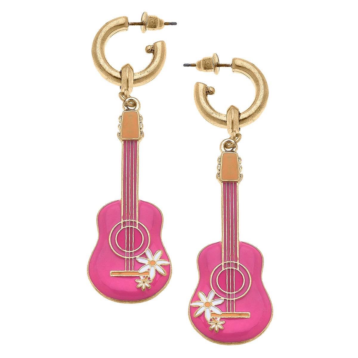 Canvas Style - Cowgirl Guitar Drop Hoop Earrings in Fuchsia