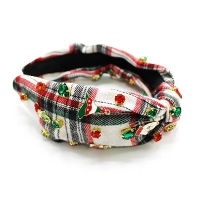 White/Red/Green Plaid with Rhinestones and Christmas Trees