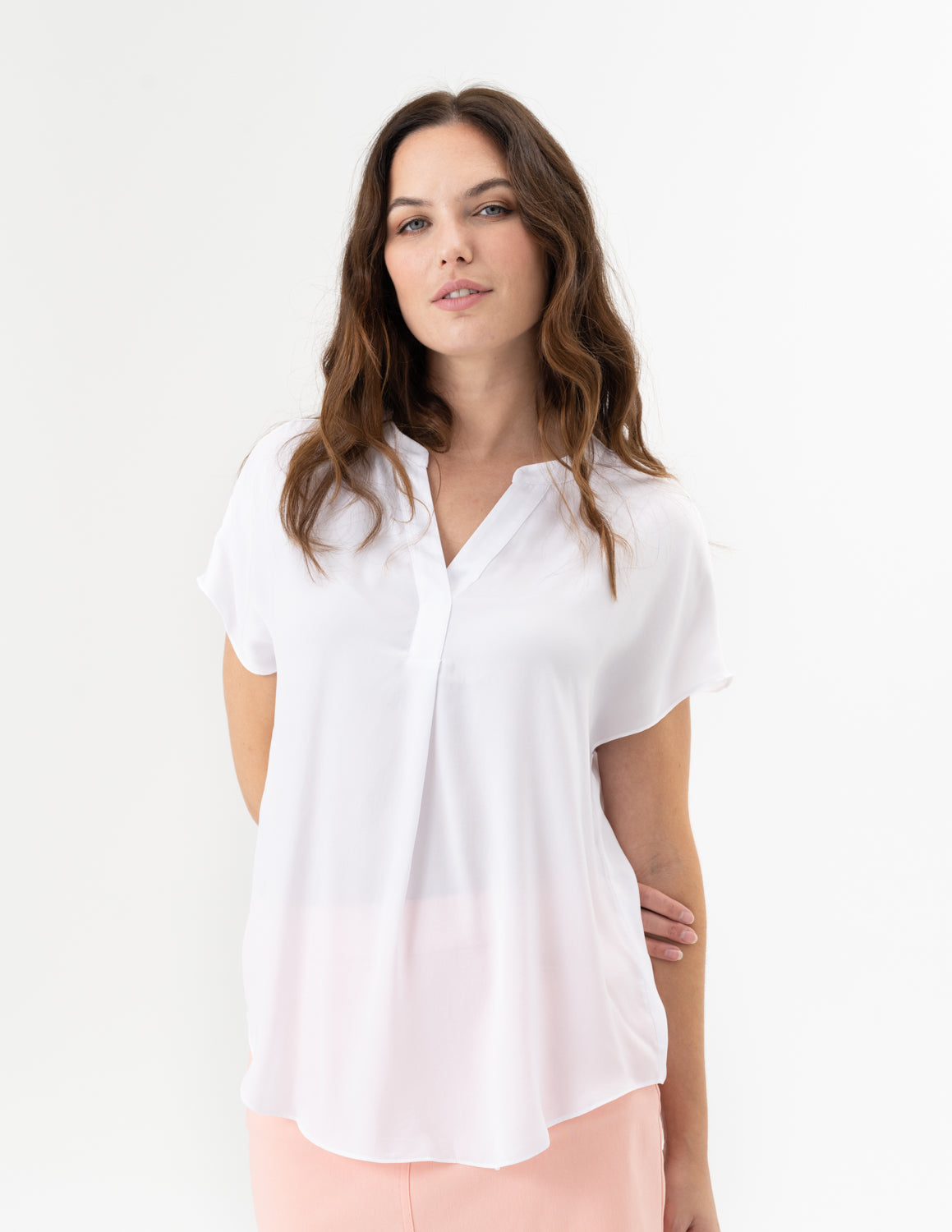 Satin White V Neck Blouse- Renuar