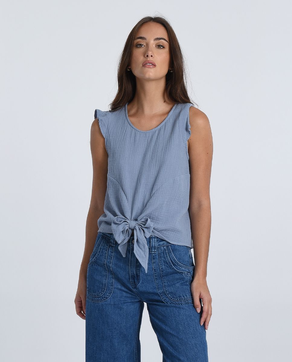 Gauze Light Blue Tie Top