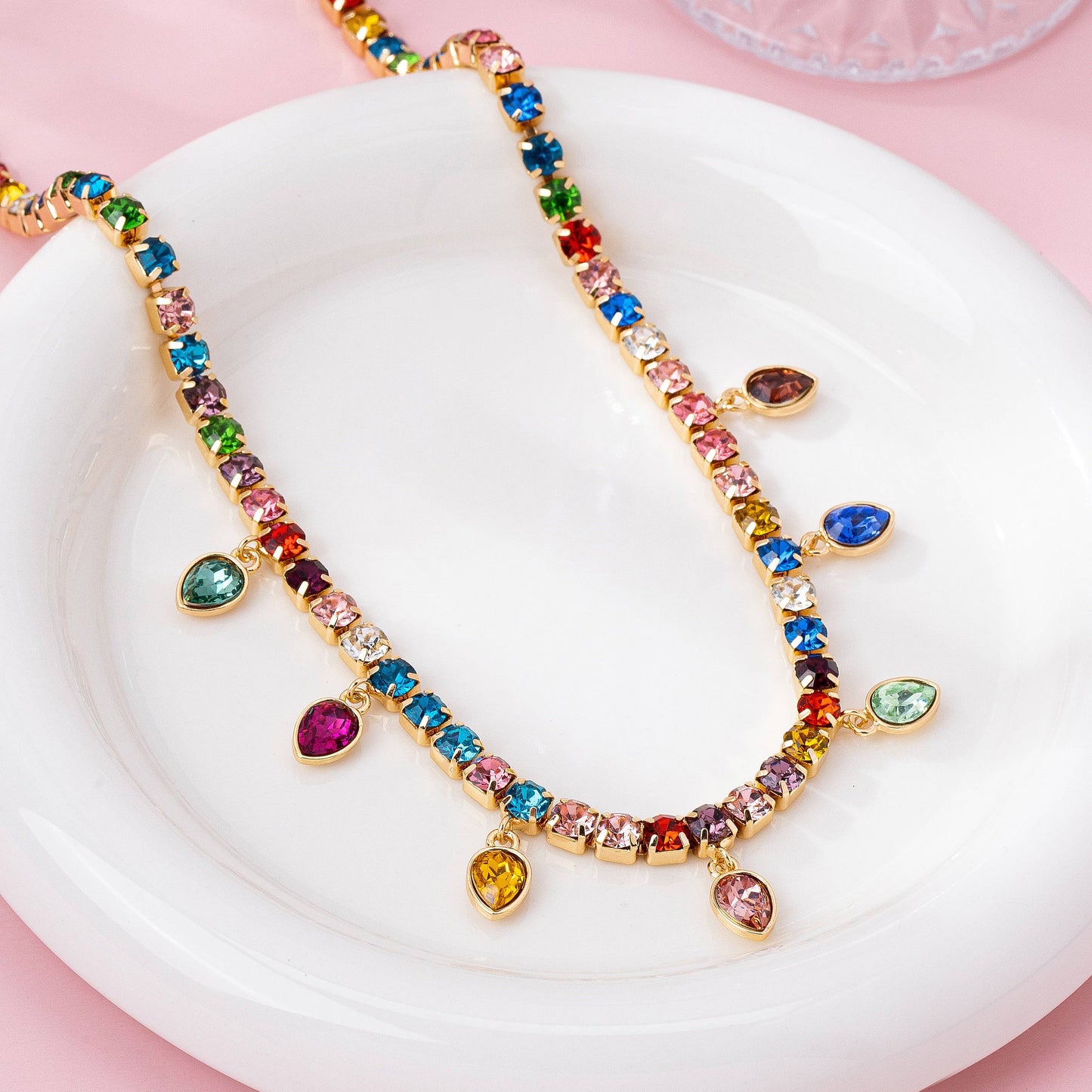 Glass Crystal Drop Tennis Necklace