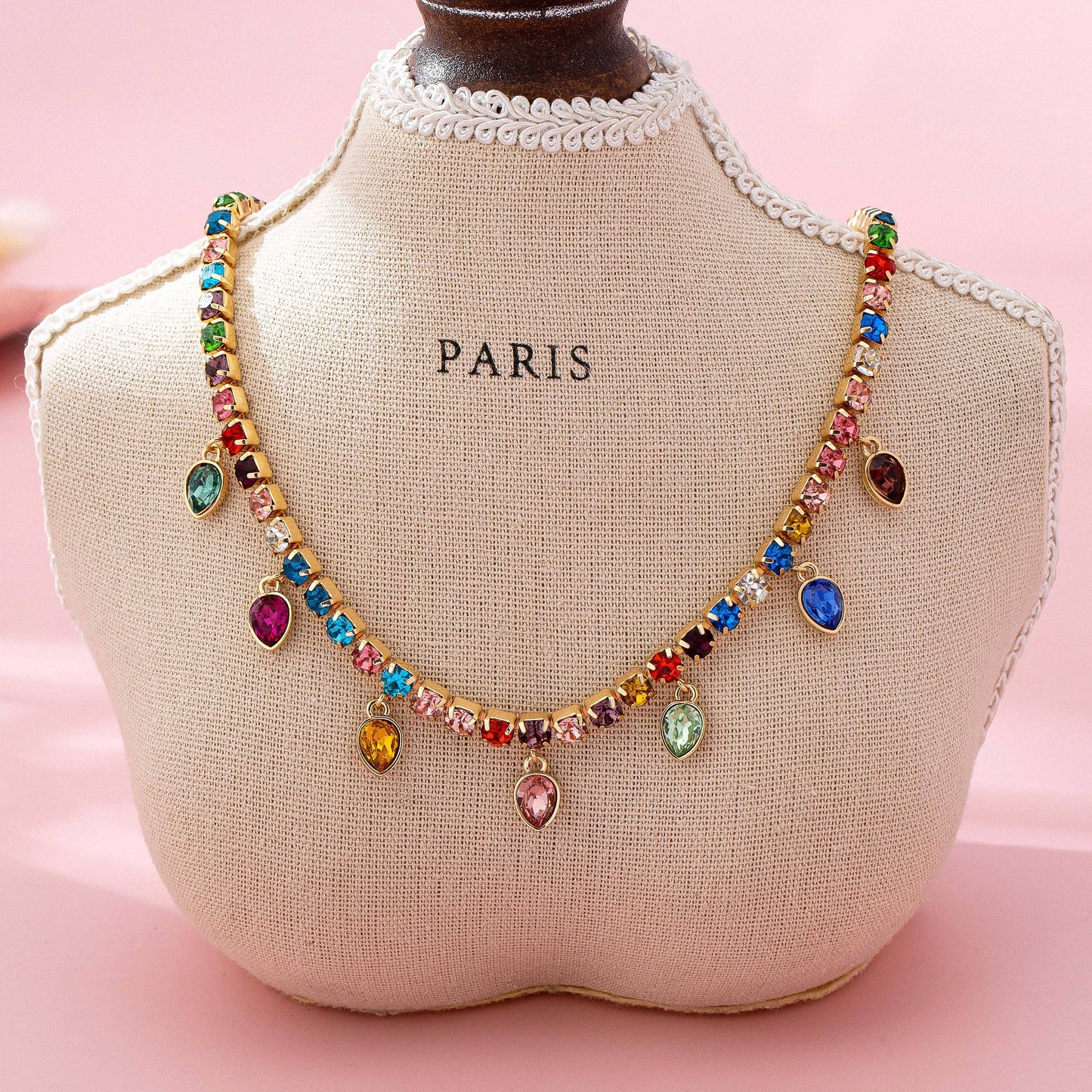 Glass Crystal Drop Tennis Necklace