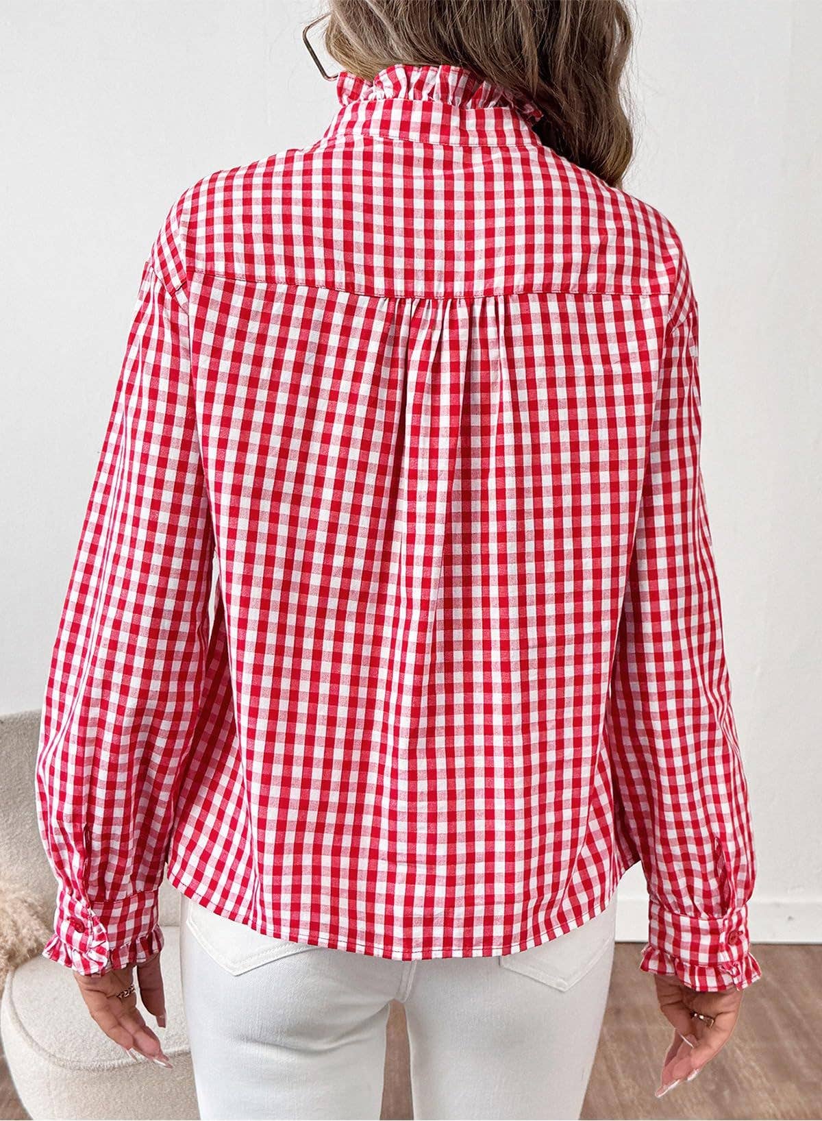 GinghamPlaid Ruffled Detail Shirt Blouse