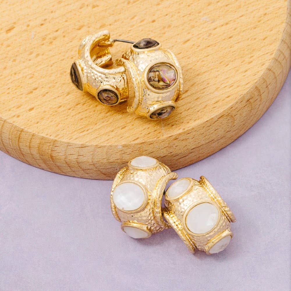 Small Faceted Oval Stone C Shape Hoop Earrings
