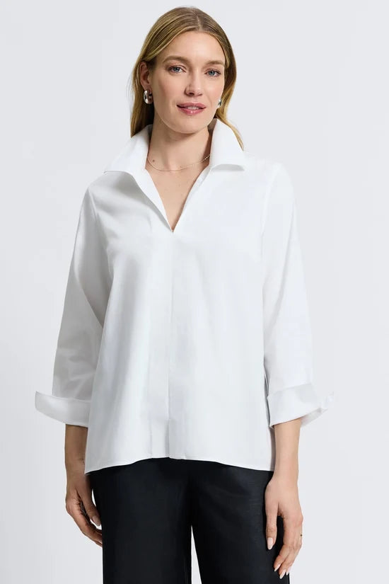 Agnes No Iron Stretch Long Sleeve Popover Shirt - White