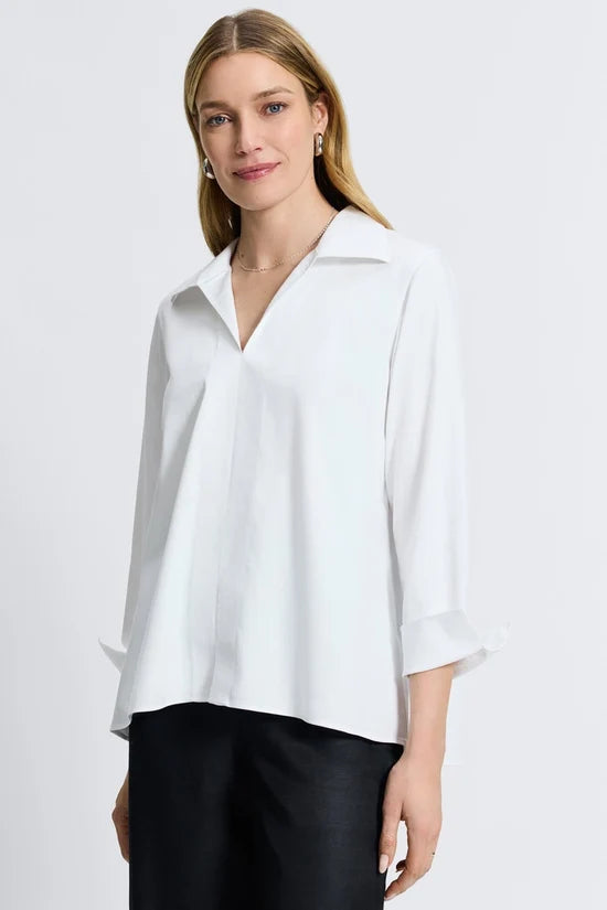 Agnes No Iron Stretch Long Sleeve Popover Shirt - White