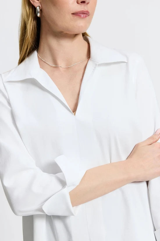 Agnes No Iron Stretch Long Sleeve Popover Shirt - White