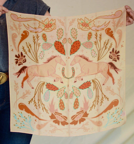 Tirzah Lane Art - Wild Horse Prairies in Peach Cowgirl Wild Rag: Western Scarf Bandana Silk Tencel Wildrag