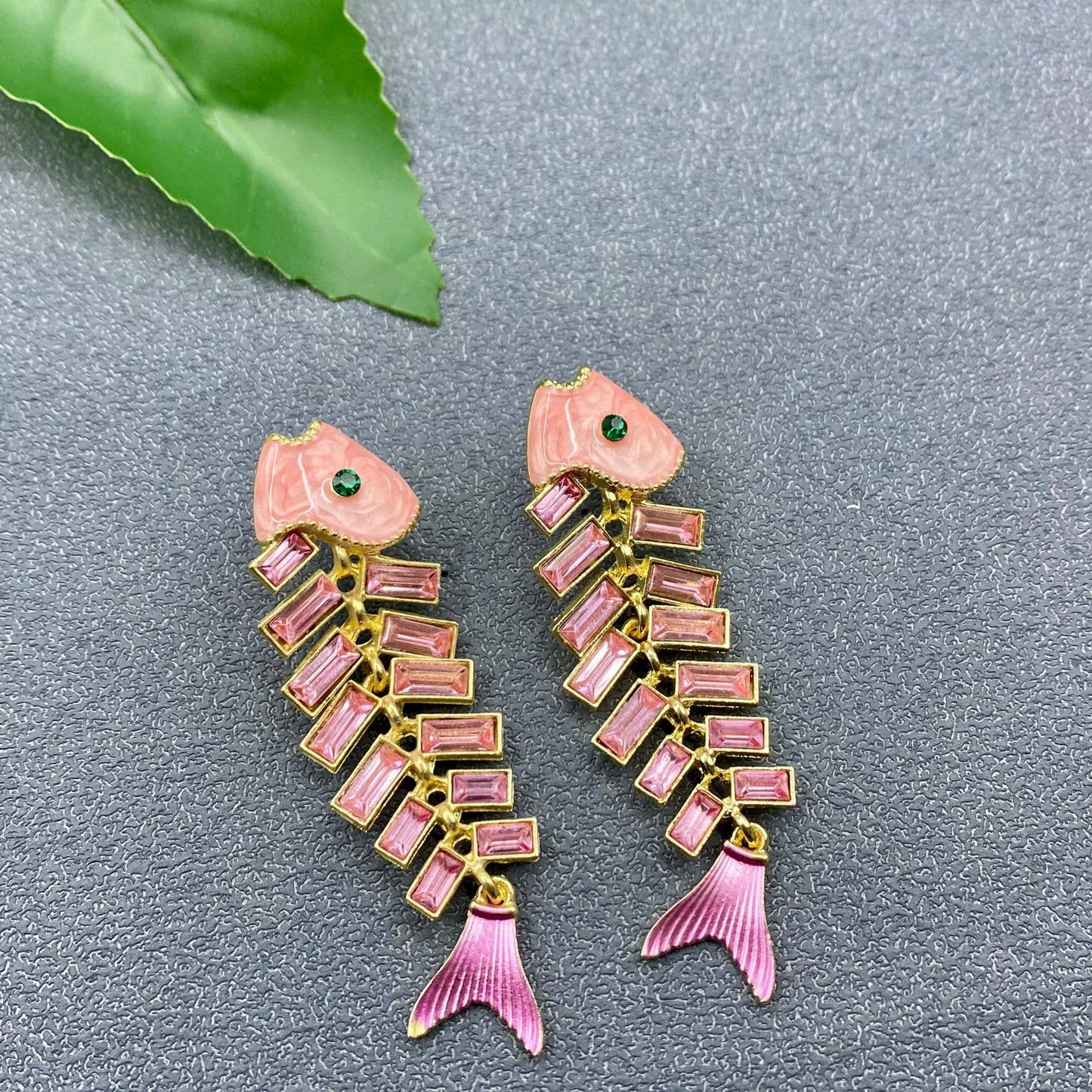 Mio Queena - Pink Rhinestone Enamel Fishbone Post Earrings