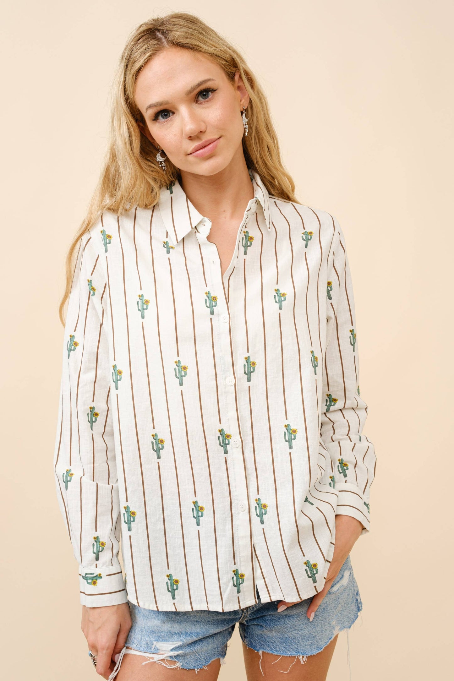 Western Cactus Stripe Print Button Up