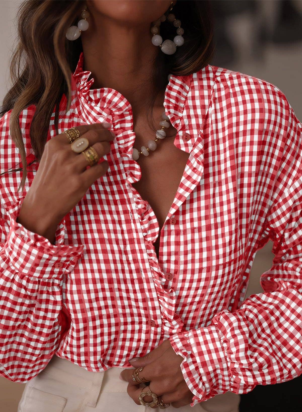 GinghamPlaid Ruffled Detail Shirt Blouse