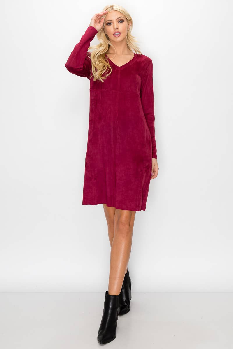 Aurora Stretch V-Neck Suede Dress with Pockets