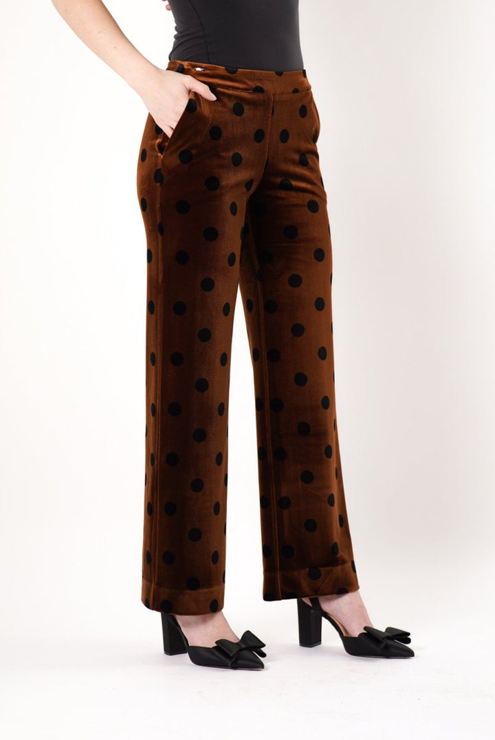 Polka Dot Velvet Wide Leg Pants -   Copper/Black