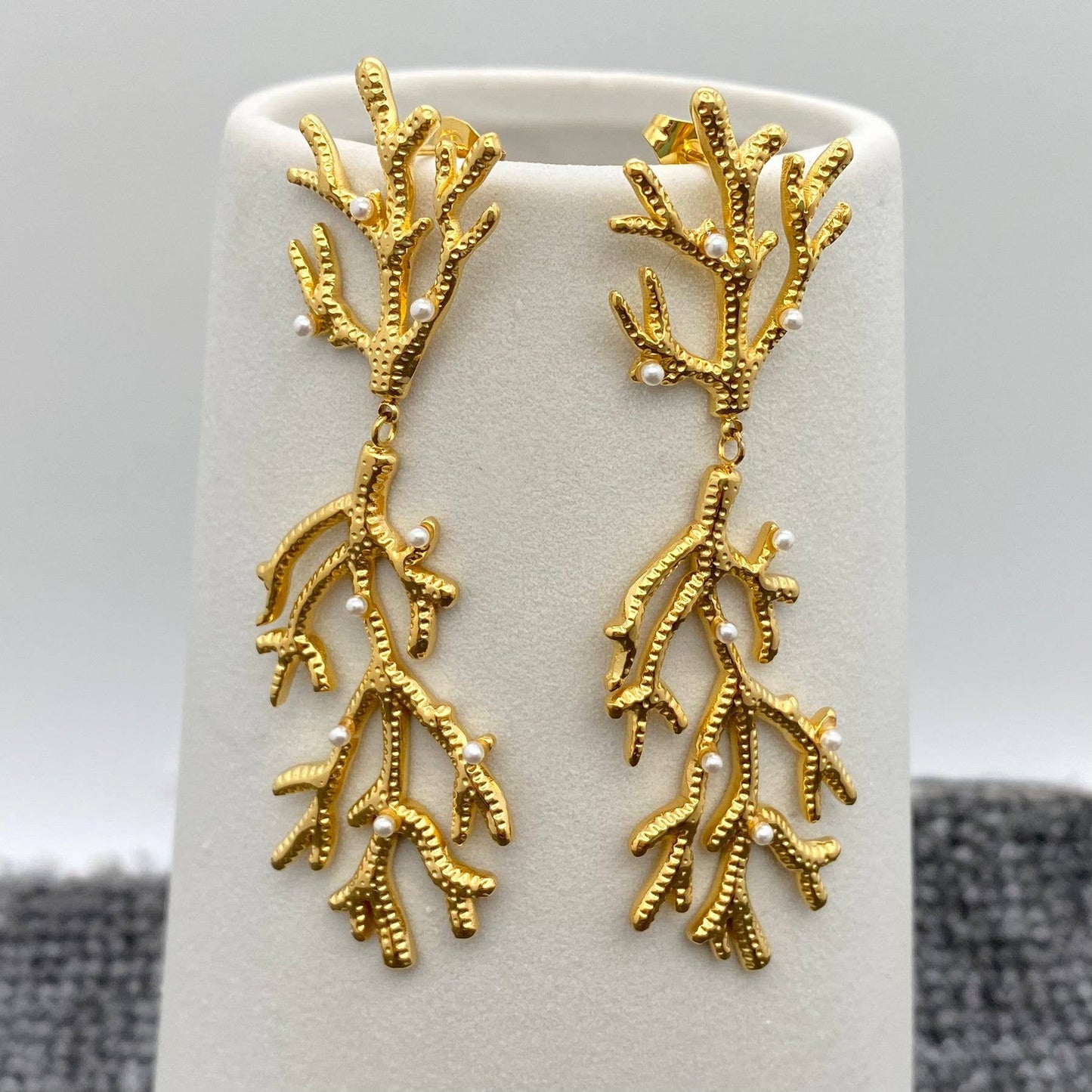 Mio Queena - Inlaid Pearl Coral 18K Gold Plated SS Post Earrings - FGS