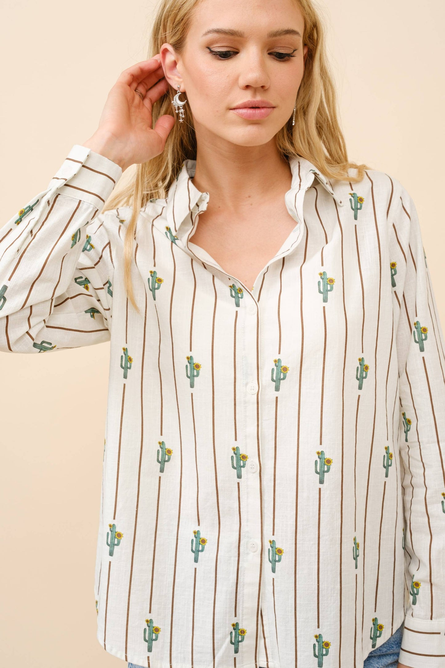 Western Cactus Stripe Print Button Up