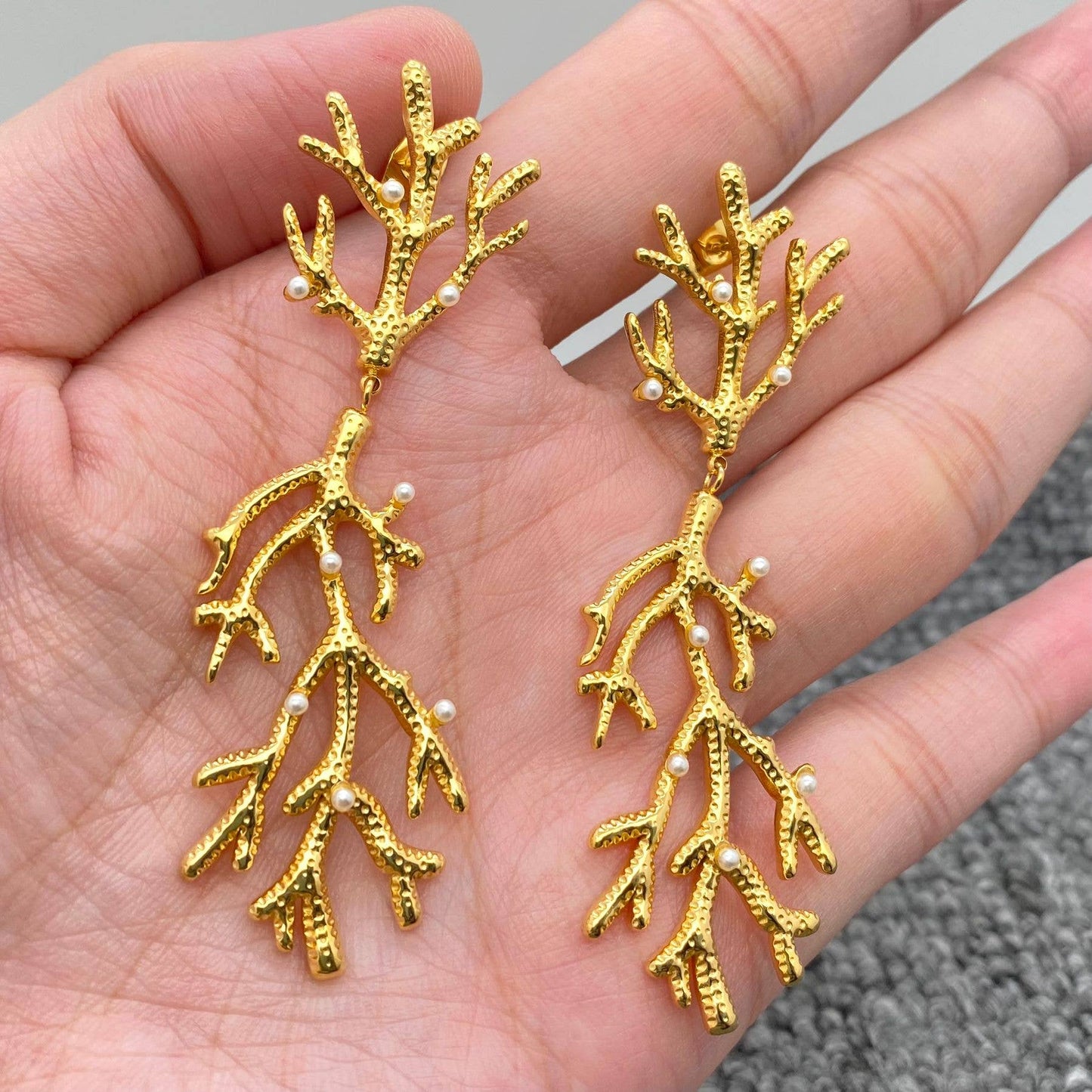 Mio Queena - Inlaid Pearl Coral 18K Gold Plated SS Post Earrings - FGS