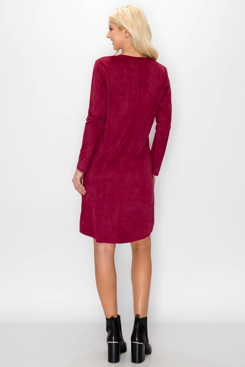 Aurora Stretch V-Neck Suede Dress with Pockets