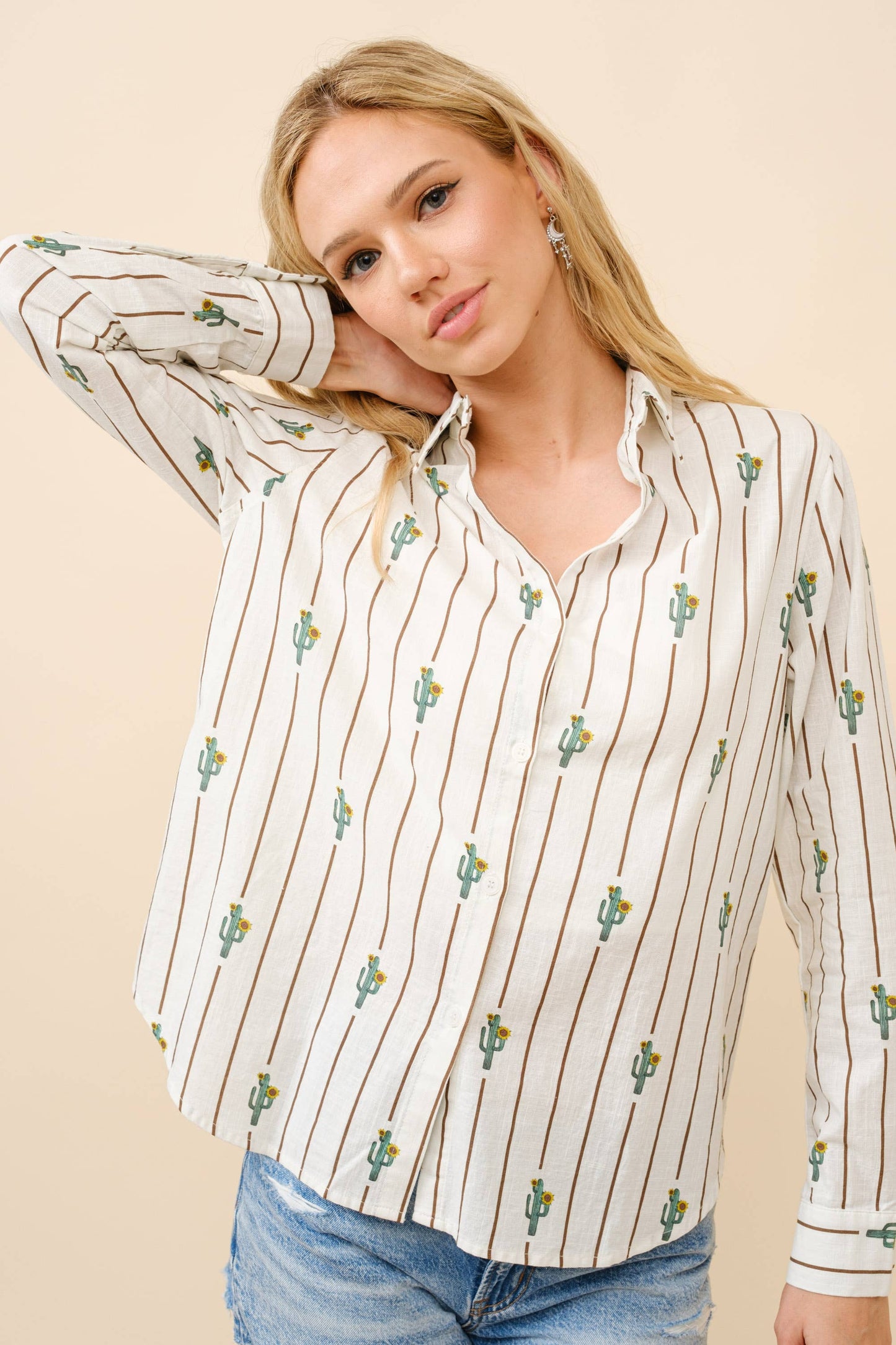 Western Cactus Stripe Print Button Up