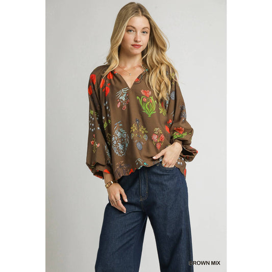 Brown Floral Print Blouse