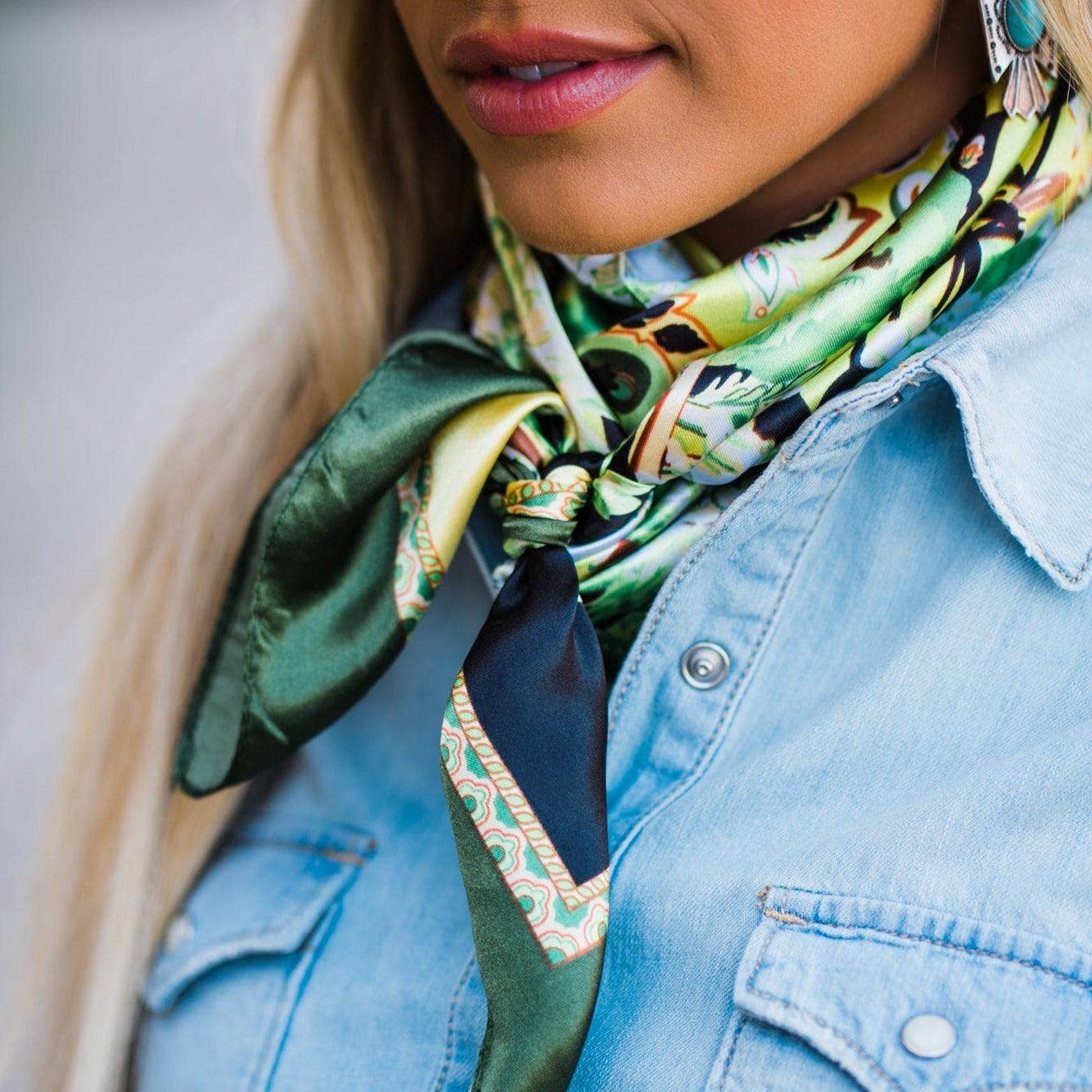 Rodeo Drive - 35X35"  Green Floral Paisley Wild Rag/Scarf WR174